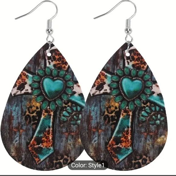 Cross earrings teardrop women's faux leather new d81 - Picture 1 of 1